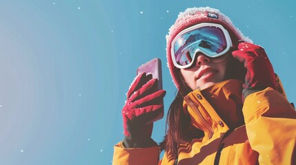 A youthful female donning ski attire capturing an image using a mobile device. - obrazy, fototapety, plakaty