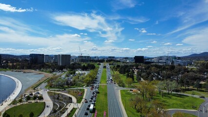 View of the famous multi lane Commonwealth avenue in the middle of Canberra city, Australia