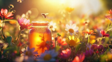 A jar of honey in a blooming meadow full of bees at sunset. Natural organic honey. Beekeeping concept