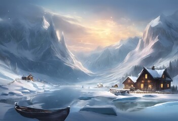 AI generated illustration of a scenic painting featuring houses by a frozen lake - obrazy, fototapety, plakaty