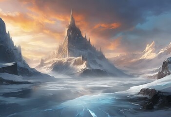 AI generated illustration of a snowy mountain with river and distant peaks in the background