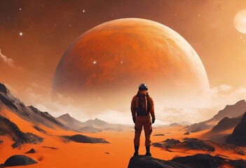 AI generated illustration of a man in an orange space suit standing on a mountain rock