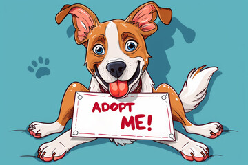 Adopt dog from shelter - cute dog holding sign @Adopt me!@ on solid color background