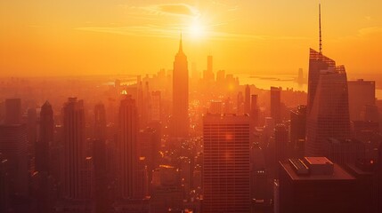 AI generated illustration of a city skyline silhouetted against a rising sun