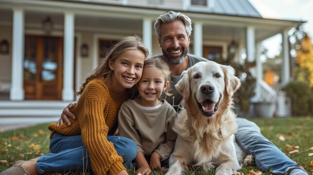 Man, Two Children, and Dog in Front of House