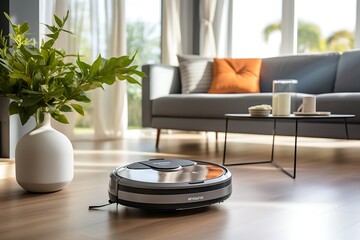Robotic vacuum cleaner cleaning the floor in the living room at home - obrazy, fototapety, plakaty