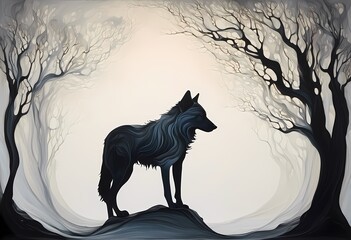 AI generated illustration of a wispy wolf standing in a dense forest, surrounded by towering trees
