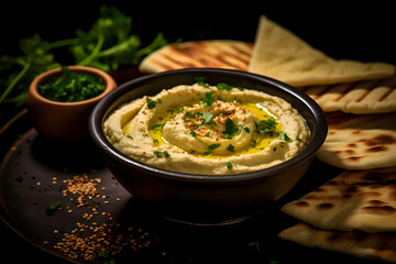 Hummus and Pita Bread, Creamy and savory dip served with soft pita bread for scooping