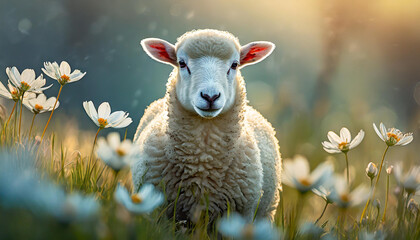 Portrait of white sheep in field with white flowers. Farm animal. Blurred natural backdrop.
