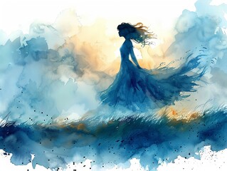 Watercolor painting of a sylph floating gently among summer clouds, whispering to the wind Isolated on white background clipart  isolated on white background clipart - obrazy, fototapety, plakaty