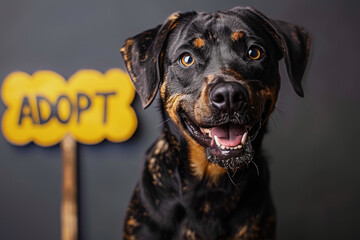 Adopt dog from shelter - cute dog holding sign 'Adopt me!' on solid color background