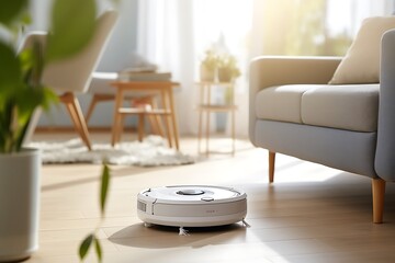 Robotic vacuum cleaner cleaning the floor in the living room at home