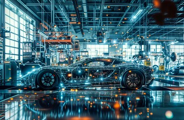AI generated illustration of luxurious cars in a well-lit showroom with mirrors - obrazy, fototapety, plakaty