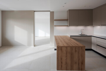 Interior of a modern kitchen with a wooden table or worktop. Everything is new and there are no...