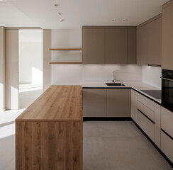 Interior of a modern kitchen with a wooden table or worktop. Everything is new and there are no objects around - 785163799