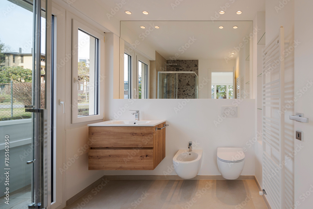 Wall mural interior of a private bathroom in a swiss flat. under the sink is a wooden cabinet.