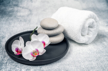 Obraz na płótnie Canvas Spa decoration with gorgeous orchid flowers in white and cyclamen, spa stones and rolled towel on textured background