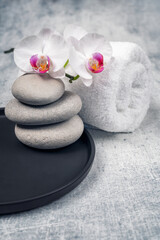 Obraz na płótnie Canvas Spa decoration with gorgeous orchid flowers in white and cyclamen, spa stones and rolled towel on textured background