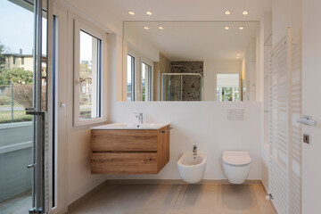 Interior of a private bathroom in a Swiss flat. Under the sink is a wooden cabinet. - 785163950