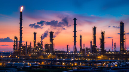 Oil​ refinery​ and​ plant and tower column of petrochemistry industry in oil​ and​ gas​ ​industrial with​ sky the sunset background​