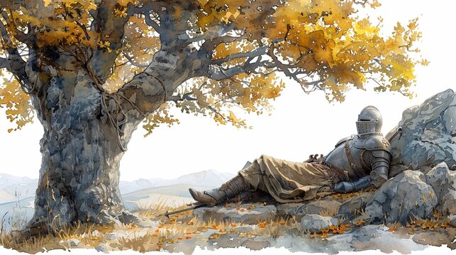 Watercolor portrayal of a knight resting under a summer tree, armor off, enjoying the peaceful afternoon Isolated on white background clipart  isolated on white background clipart