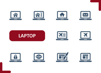 Fototapeta premium Laptop Icons. Computer, Smarthome, Email, Plane, Travel, Lock, Web Design Icon