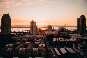 Cityscape of San Diego downtown at sunset.