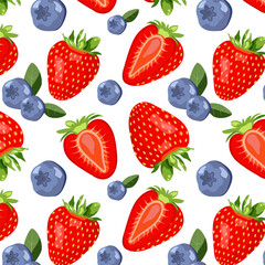 Summer seamless pattern with fresh strawberries and blueberries. Vector illustration