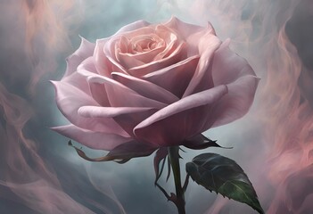 a painting of a pink rose with some smoke coming out of the background