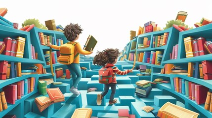 Wonder kids navigating a labyrinthine library filled with magical books that transport them to other worlds  isolated on white background clipart - obrazy, fototapety, plakaty
