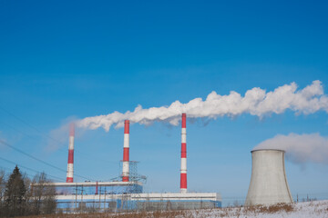 Electric power masts and cables, pylons. Electricity power station.