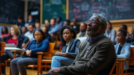 a man with glasses sitting in front of people and a chalk board - obrazy, fototapety, plakaty