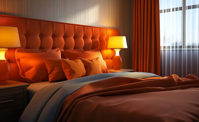 Modern Bedroom Glow: Orange Lamp and Bed Decor - 785164917