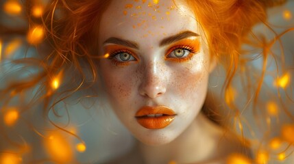 a girl with curly red hair with gold makeup and orange eyes