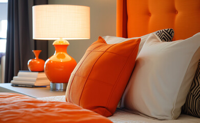 Modern Bedroom Glow: Orange Lamp and Bed Decor - 785164947