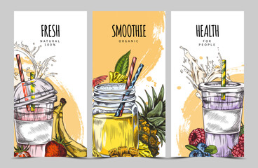 Bright collection of posters with smoothies, fruits and berries.