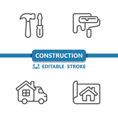 Construction Icons. Tools, Paint Roller, Home Improvement, Van, Blueprint Icon