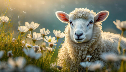 Portrait of white sheep in field with white flowers. Farm animal. Blurred natural backdrop.
