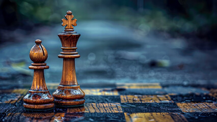 AI generated illustration of a chess board with a king piece and a bishop - obrazy, fototapety, plakaty
