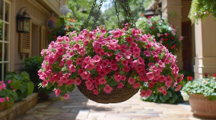 Fototapeta na wymiar A colorful hanging basket of pink flowers adorns the outside of a charming home, adding a touch of elegance.