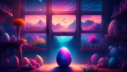 AI generated illustration of sn egg on the floor by a window as art surrounding Dark Fantasy - obrazy, fototapety, plakaty