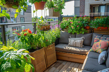 Fototapeta na wymiar Balcony garden with planters, hanging baskets, comfy seating.