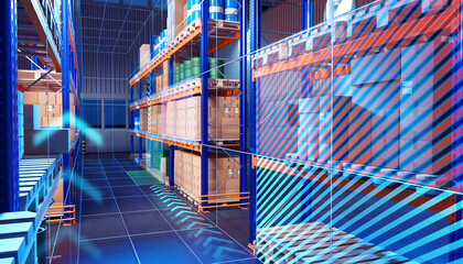 Futuristic warehouse. Storage building with boxes on shelves. Innovative logistics warehouse. Automated distribution. Warehouse with machine vision lines. Futuristic fulfillment center. 3d image