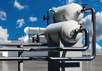 Outdoor gas equipment. Pipes and tanks for propane storage. White tanks for liquefied gas. Fuel infrastructure of industrial enterprise. Gas pipeline near manufactory. Chemical industry. 3d image