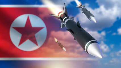 Military missiles near North Korea flag. Sky with ballistic rockets. Air defense missiles repulse attack. Intercontinental weapons from DPRK. Missile testing in North Korea. Art blurred. 3d image - obrazy, fototapety, plakaty