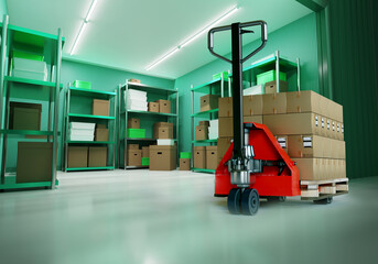 Storage room. Forklift with cardboard boxes. Open gate to storage room. Warehouse of company or store. Storage room with cardboard containers on shelves. Space for safekeeping. 3d image