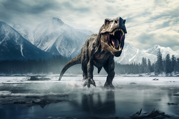 tyrannosaurus rex walks alone into cold lake, art design - 785166599