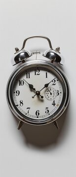 A classic alarm clock, with its hands set, prominently displayed against a white background for a timeless look ,close up