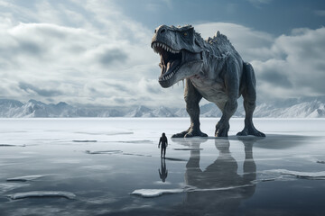 tyrannosaurus rex walks alone into cold lake, art design - 785166758