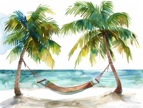 A tranquil image of a hammock tied between two palm trees, with a relaxing watercolor ocean in the view  isolated on white background clipart